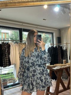 QUZU MAVİ ÇİÇEK DESENLİ ELBİSE 