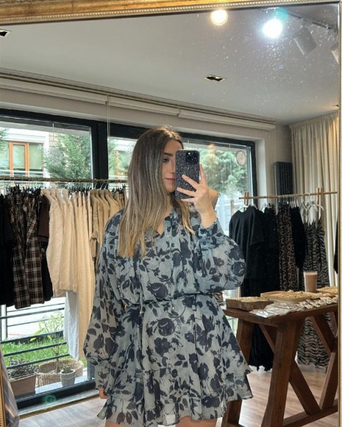 QUZU MAVİ ÇİÇEK DESENLİ ELBİSE 