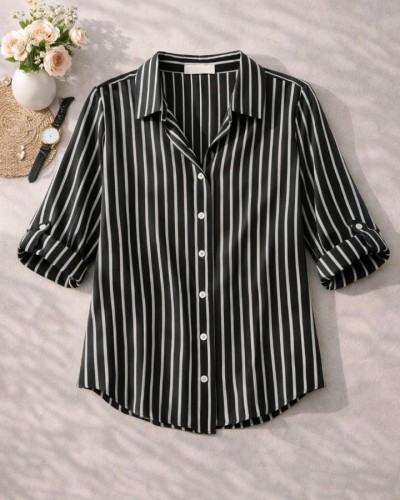 Selena Çizgili Siyah Gömlek